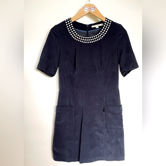 Boden Dresses & Skirts - BODEN // navy blue velour velvet fit & flare  mini dress shirt sleeve polka dot